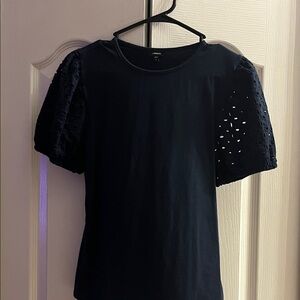 Elegant Navy Blue Eyelet Sleeve Top